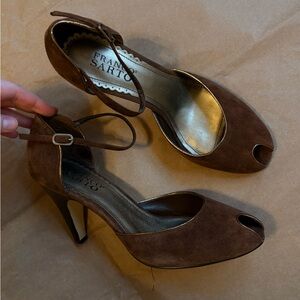 Franco Sarto Tan Suede Peep-Toe Heels